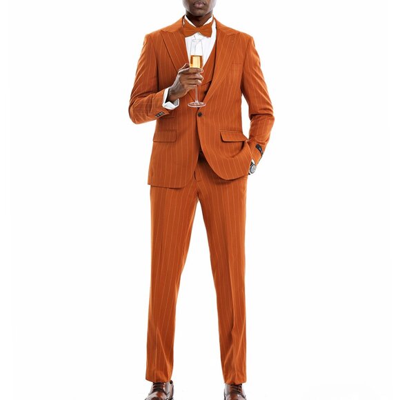 Rust Pinstriped 3 Piece Peak Lapel Skinny Fit Tazzio Men's Suit
